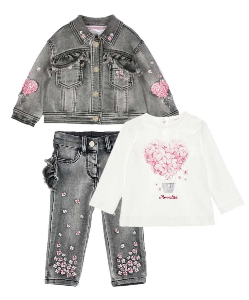 MONNALISA Denim Jacket, Jeans and Tee Set