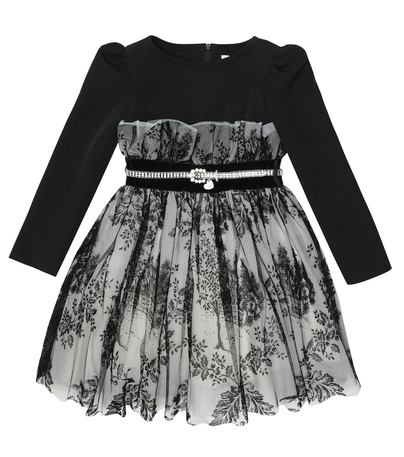 MONNALISA Black Flocked Tulle Skirt Dress
